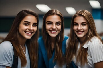 Obraz premium Beautiful white Caucsasian teenage girls smiling while in a high school classroom.