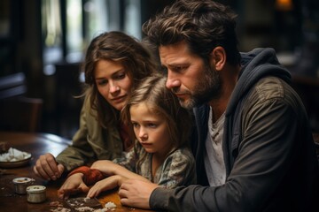 A worried family discussing their financial situation at the kitchen table, with bills and financial statements spread out, depicting the personal impact of a banking crisis