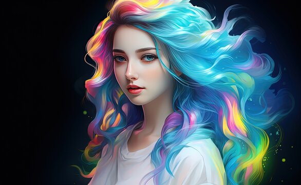 painting style illustration close up portrait of pretty girl with pink blue hair under galaxy sky, Generative Ai	
