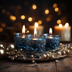Obraz na płótnie Canvas Blue Christmas candles and decorations, generative ai