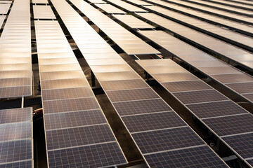 Flatly Solar Panels Or Solar Cell with Sun Reflection above Parking Places Outdoor, Renewable...