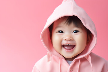 Portrait of happy asian baby in color clothing on color background - obrazy, fototapety, plakaty