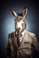 Donkey wearing human clothes, stylish businessman