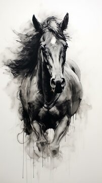 Drawing of a horse. Black and white charcoal