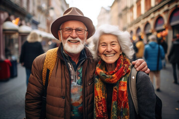 Obraz na płótnie Canvas Portrait of a happy couple of mature senior tourists