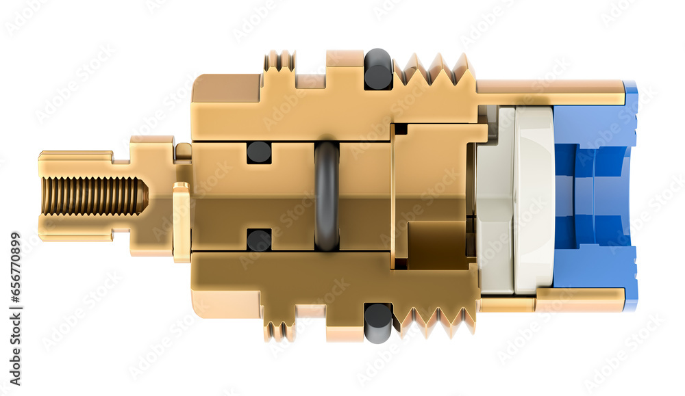 Poster cross section of standard washer tap valve headwork compression gland, side view. 3d rendering isola