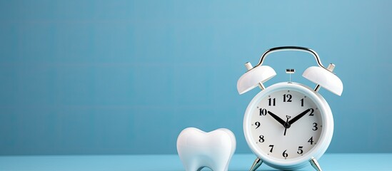 Dental health concept with white tooth alarm clock and blue background