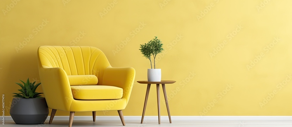 Poster chic living room with yellow armchair