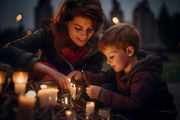 Mother and child lighting up candles in a cemetery, All Saints' Day. Light a prayer candle.