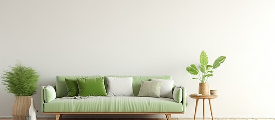 trendy white living room with green sofa wooden table and modern decor