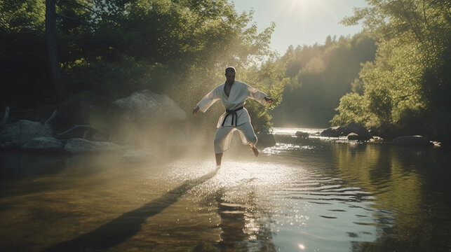 man in white suit in a creek doing karate
