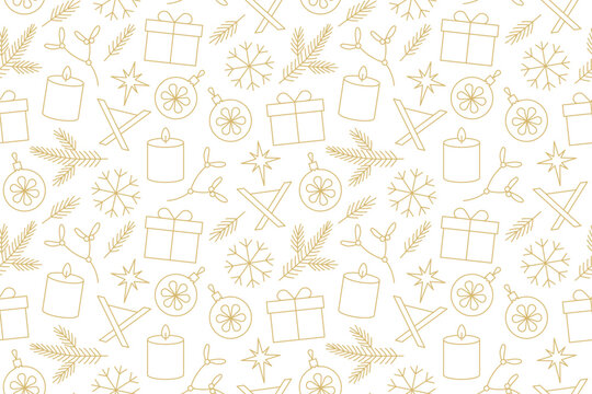 golden seamless christmas pattern with present, bauble, fir branches, nativity scene, star of Bethlehem, mistle toe, candle; great for wrapping, textile, wallpaper, greeting card- vector illustration
