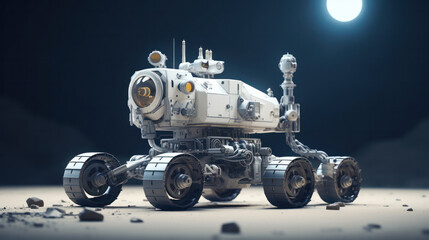 Lunar rover on the surface of the moon against the background of brightly lit earth - obrazy, fototapety, plakaty