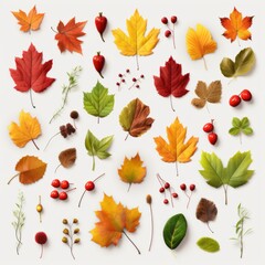 Obraz premium A colorful autumn arrangement of leaves and berries on a white background