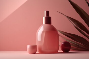 pink bottle with cosmetic or perfume products on a background of tea rose color 