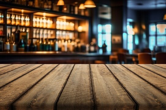 Empty blank wood table with bar interior background, AI generated image