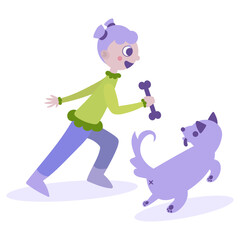 Happy Girl Running with Dog, Holding a Bone: Vector Illustration