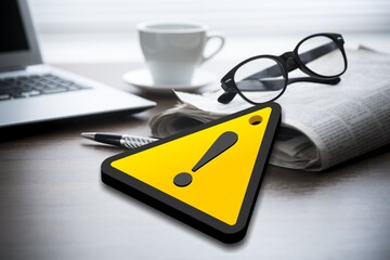 Warning sign on office table with computer