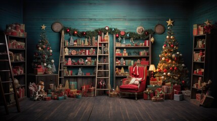 Christmas backdrop for photo studio, room with christmas tree and presents - obrazy, fototapety, plakaty