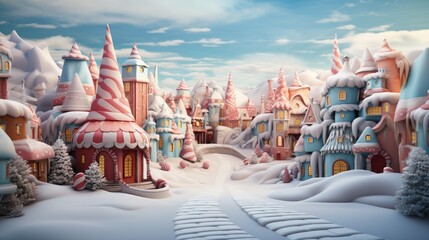 Christmas backdrop for photo studio, village with snow - obrazy, fototapety, plakaty