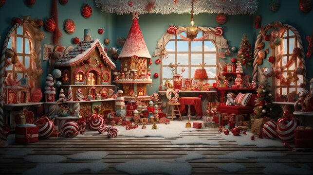 Christmas backdrop for photo studio, room with toys and snow
