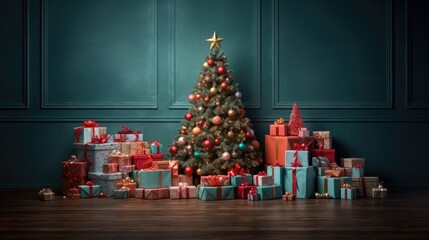 Christmas backdrop for photo studio, christmas tree and presents - obrazy, fototapety, plakaty
