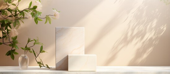 Cosmetic product display with marble texture as fashion backdrop