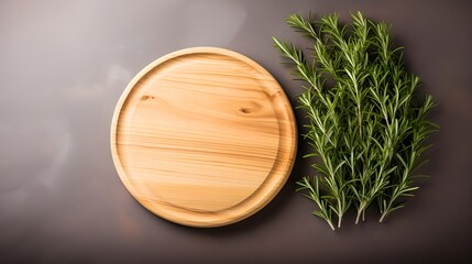 Natural yellow  round wooden cutting board on cement grey table. Aromatic cooking rosemary herbs plant. Copy space top view.