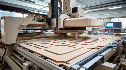Fototapeta premium Workshop for the production of particle boards, manufacture of chipboard, veneer, plywood, wood panels. Wood processing. Woodworking industry concept