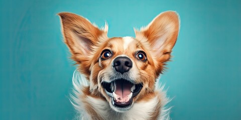 Dog portrait with copy space on blue background 