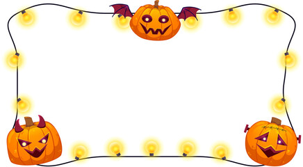 Cute Halloween frame with pumpkins and lights bulbs. Element in cartoon style for designs. Colorful Illustration isolated on transparent background.