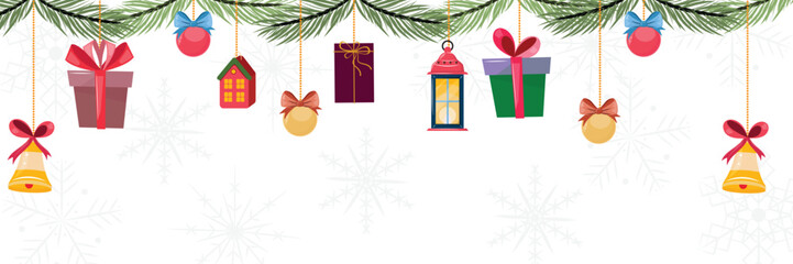 Blank Christmas banner template with Christmas decorations and gift boxes on snowflakes background.