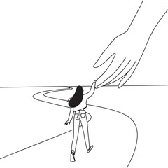 woman goes on road with a big hand support, line minimalistic flat illustration. Vector illustration