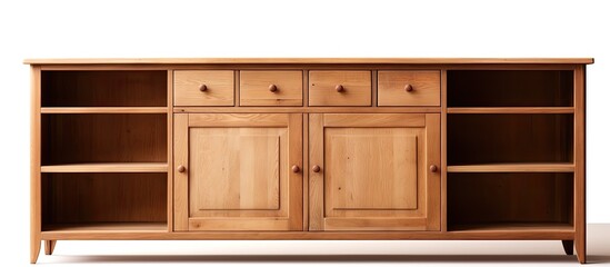 Compact wooden storage unit with doors drawers shelves and versatile use in kitchen dining or living areas Brown cabinetry on a white background