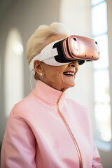 smiling/laughing elderly woman/grandma wearing futuristic sci-fi technology virtual reality glasses/goggles  in magazine cover editorial textured film look
