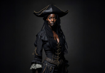 Black woman pirate. African american lady wearing pirate costume - obrazy, fototapety, plakaty