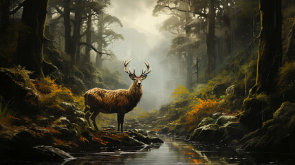 Red deer stag between ferns in autumn forest. ai generative - obrazy, fototapety, plakaty