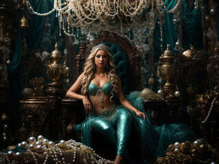mermaid sitting on a pearl throne