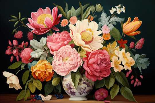 a painting of a vase filled with flowers and greenery