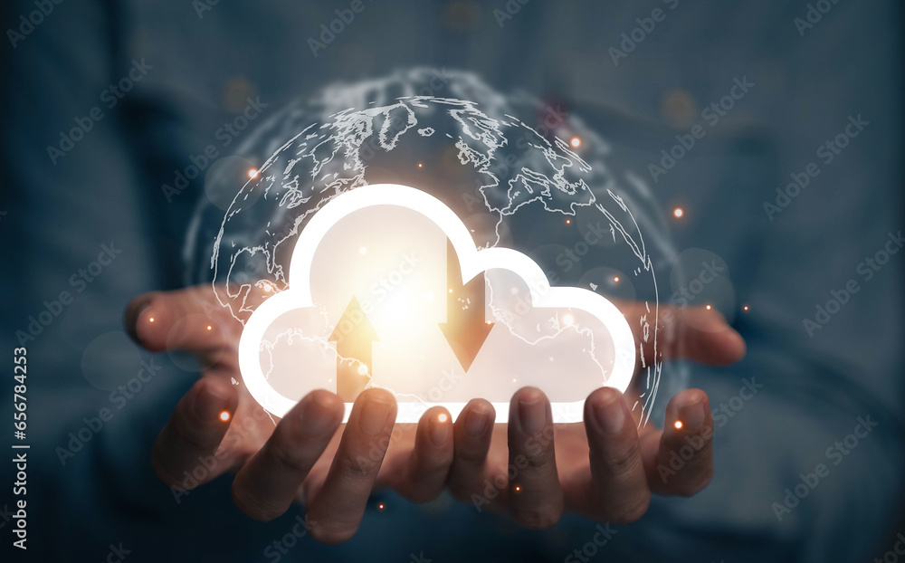 Poster cloud icon on businessman's hand. concept of data storage and large data transfer using cloud techno