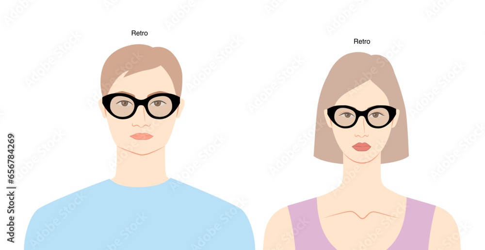 Wall mural Retro cat eye frame glasses on women and men flat character fashion accessory illustration. Sunglass front view unisex silhouette style, rim spectacles eyeglasses, lens sketch style outline isolated