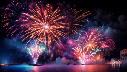 Fuochi d'artificio sul lago di sera per la festa del paese