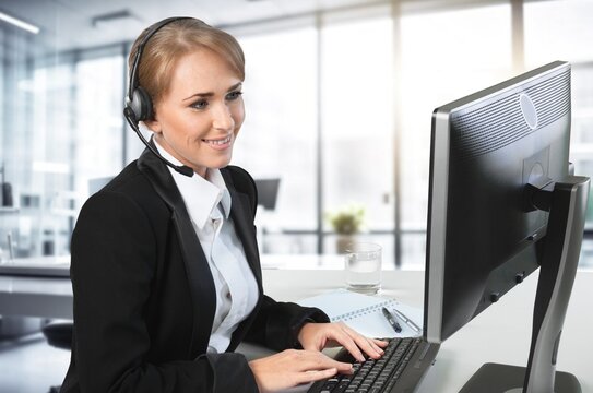 Happy young woman working with call headset, AI generated image