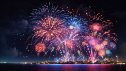 Fuochi d'artificio sul lago di sera per la festa del paese - obrazy, fototapety, plakaty