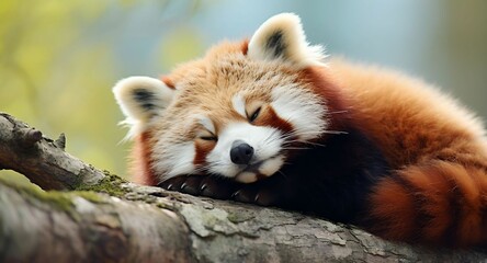 Obraz premium Funny cute animal image of a red panda asleep 