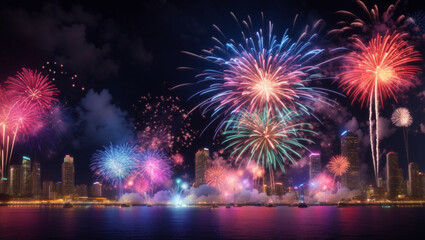 Fototapeta na wymiar Fuochi d'artificio sul lago di sera per la festa del paese