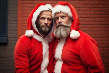 portrait d'un couple d'amis ou d'homosexuels déguisés en Père Noël dans la rue