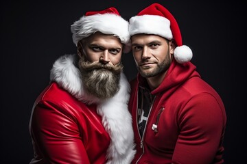 portrait d'un couple d'amis ou de gays costumés en Père Noël