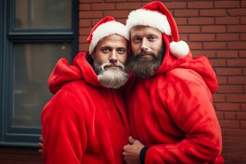 couple homosexuel ou d'amis déguisés en Père Noël, s'enlaçant dans la rue.