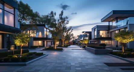 evening outdoor urban view of modern real estate homes
 - obrazy, fototapety, plakaty